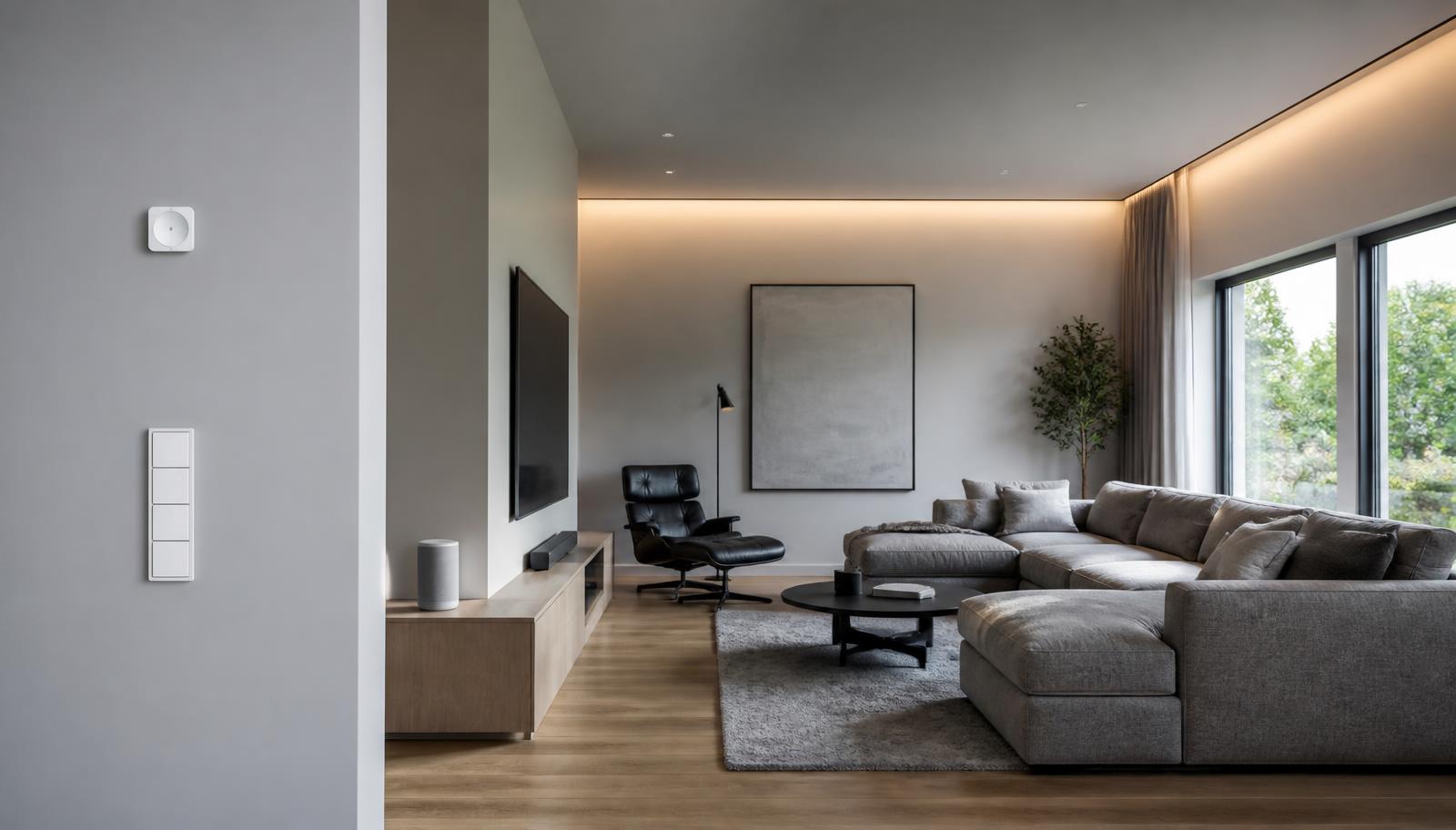 Wohnzimmer mit dezent integrierter Smart-Home-Technik: Wandthermostat, Vierfach-Schalterfeld, smarter Lautsprecher und indirekte Deckenbeleuchtung